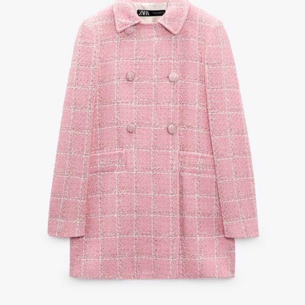 NWT ZARA TEXTURED PLAID COAT PINK / WHITE S